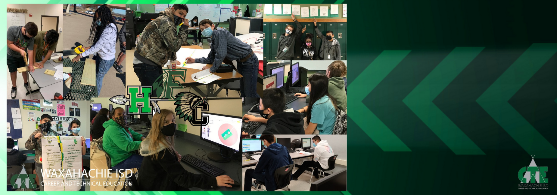 collage of teens working on projects in class