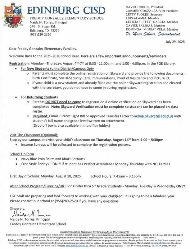 Welcome Back Letter for Parents 2025-2026