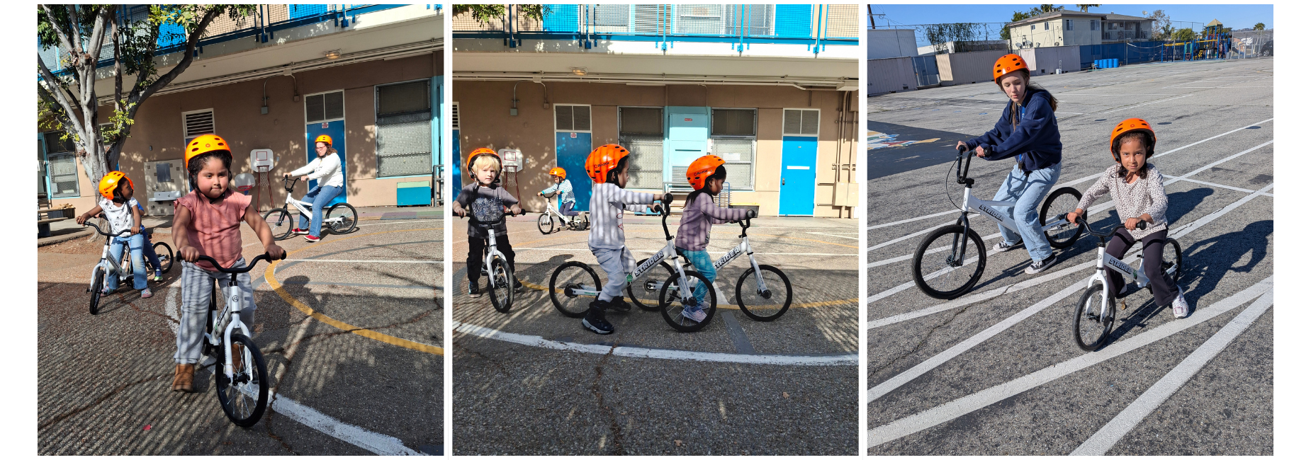 Young children learning how to ride two wheel bikes.