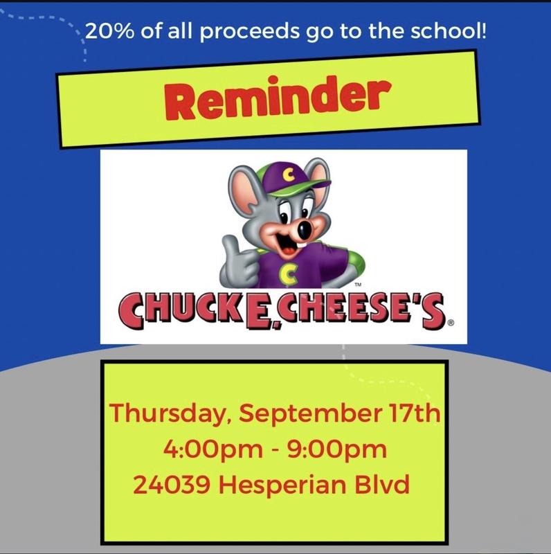 Reminder for Chuck E. Cheese event on September 17, 4-9 PM.