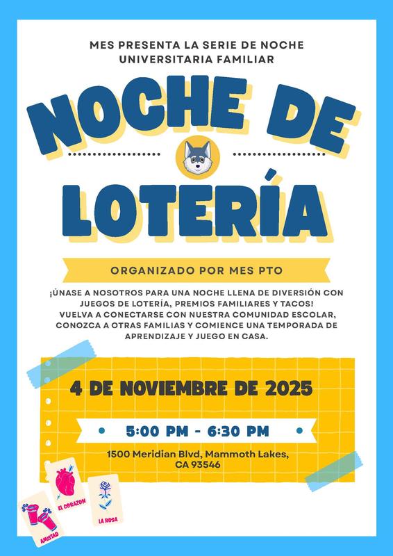 Noche de Lotería event flyer in Spanish showcasing games, prizes, date, and location.
