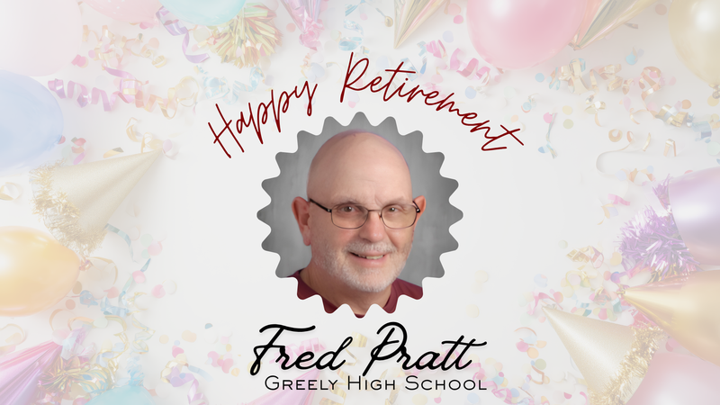celebratory retirement picture for fred pratt with balloons and confetti surrounding his head