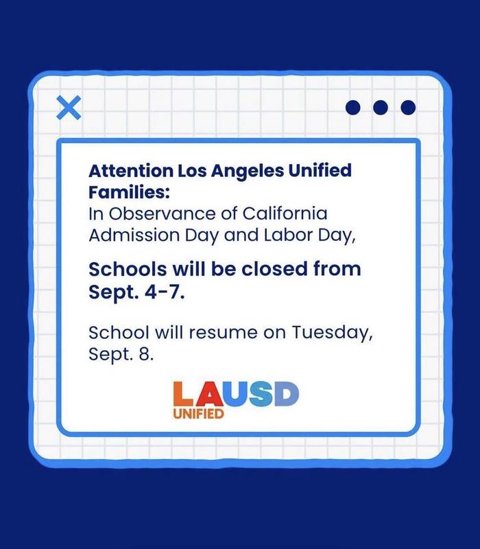 There will be no school on September 4 and 7.