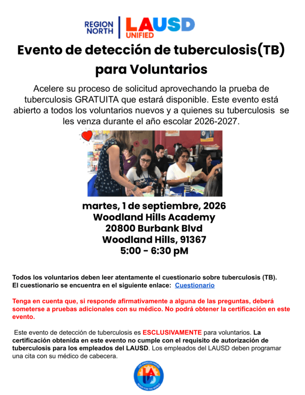 Spanish - Free TB Screening Event at Woodland Hills Academy on Tuesday, September 1.