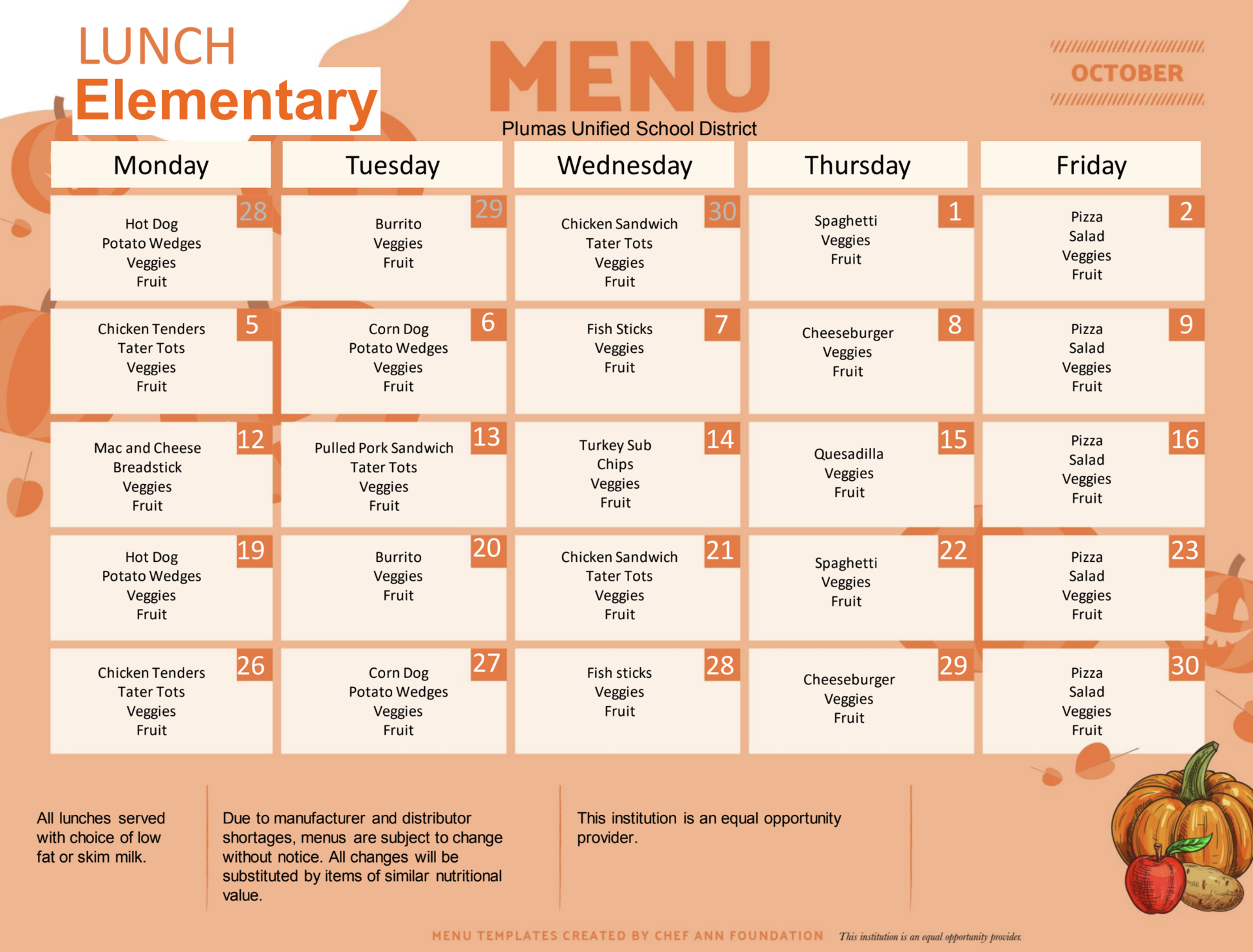 October Elementary Lunch Menu