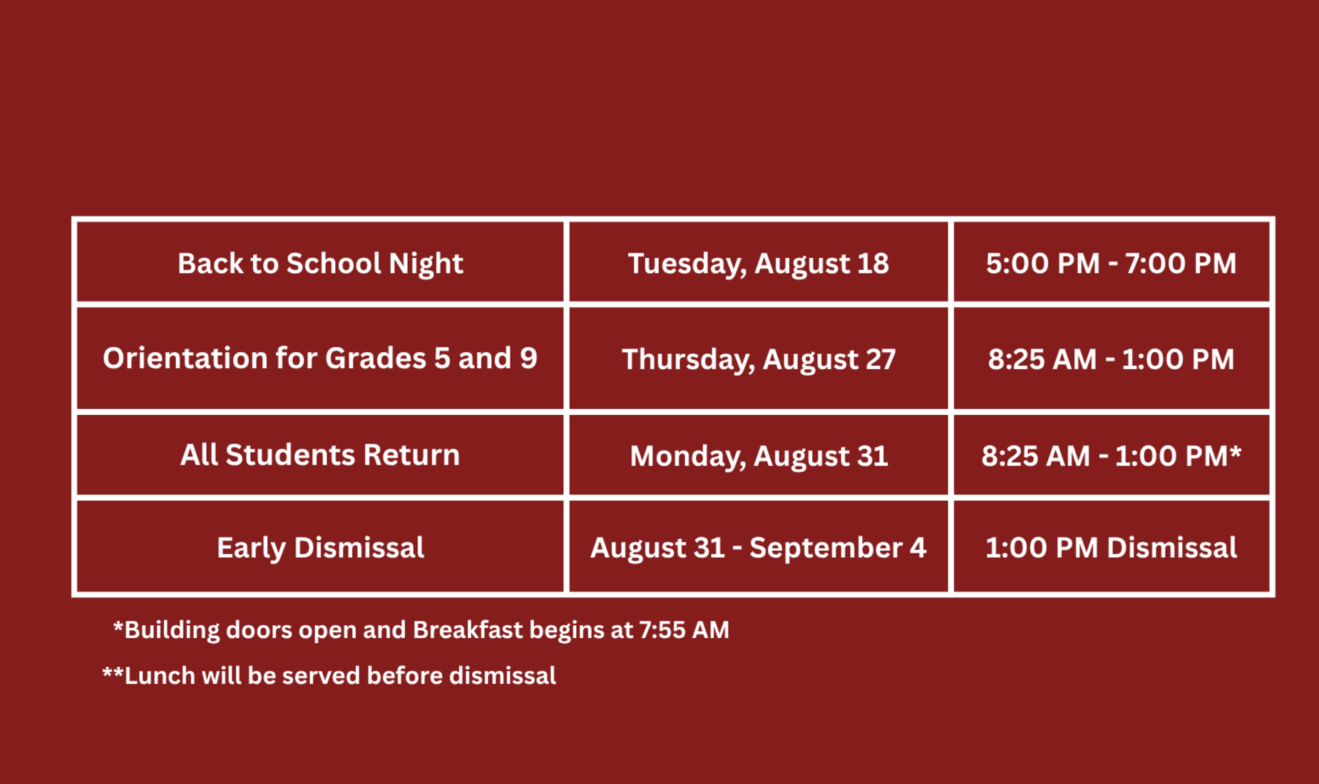 Schedule of back to school events and important dates.