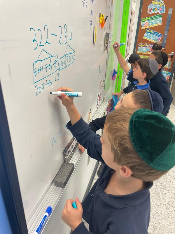 A group of boys problem solving together.