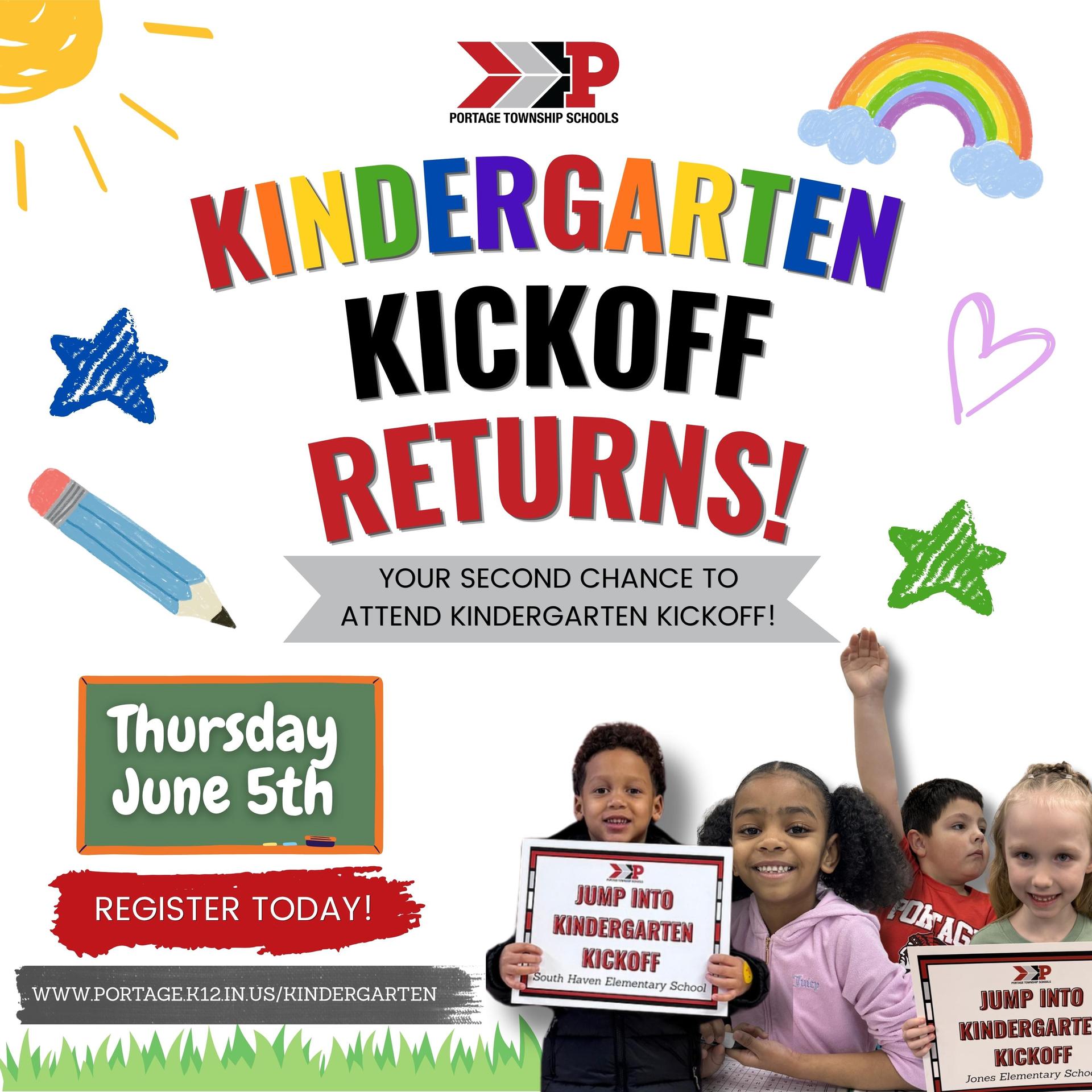 Joyful child leaping with hands raised, promoting kindergarten registration at Portage Township.