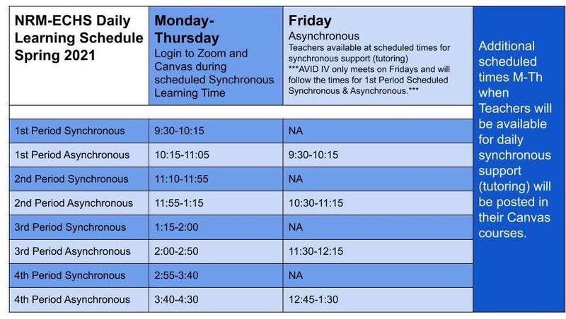 Daily Schedule Spring Semester 2021