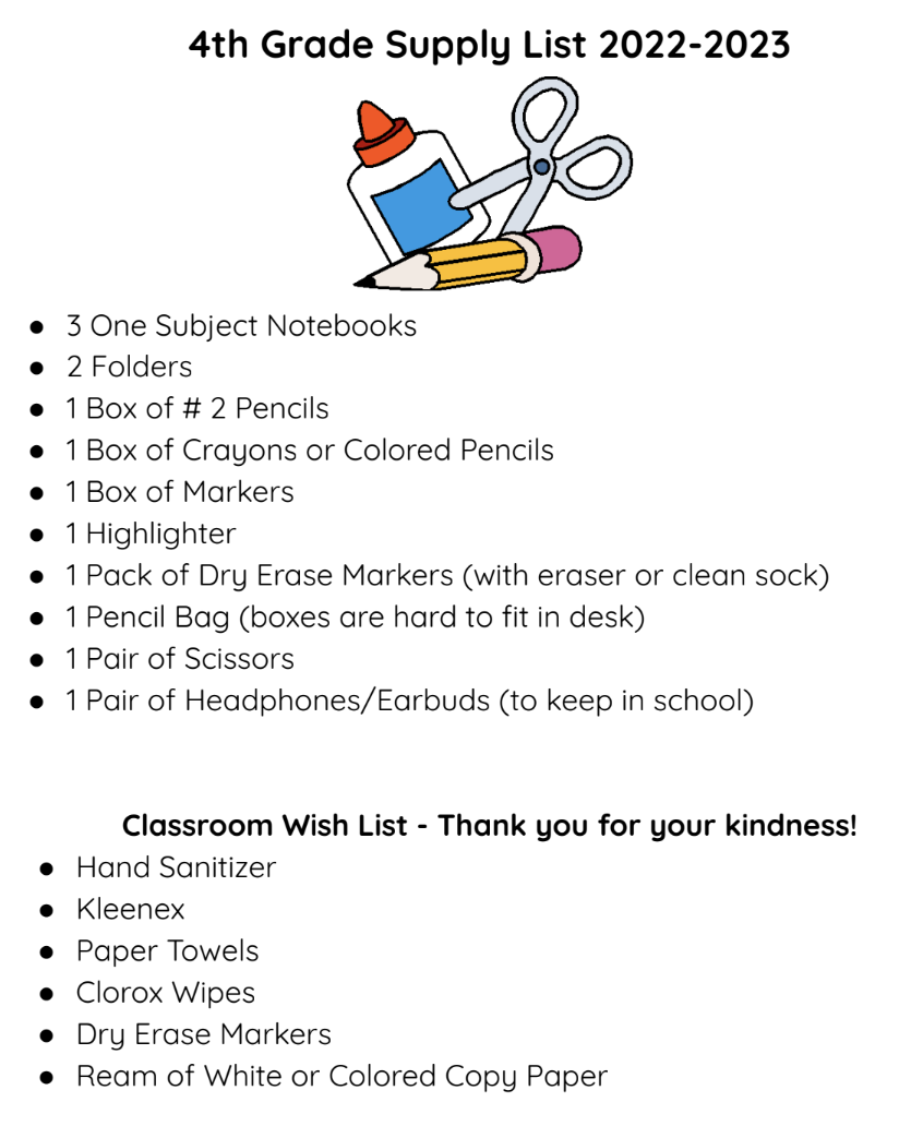 Grade 4 Supply List Supply Lists Winsor Hill Elementary School
