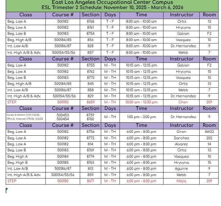 ESL T-2 Schedule Nov. 10, 2025 - Mar. 6, 2026