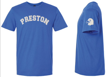 Blue shirt with "Preston" written on front