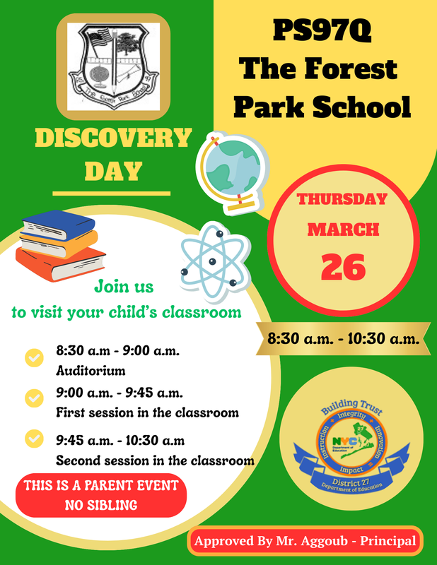 Green and yellow flyer with date for discovery day
