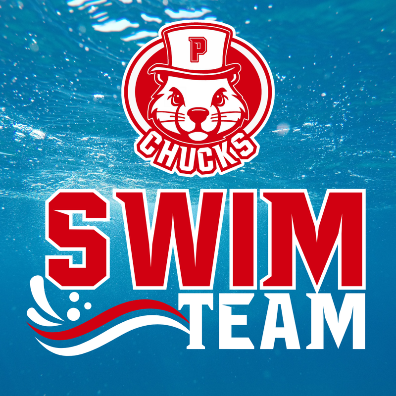blue water background with Chucks logo and red white text that says "Swim Team"