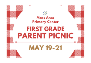 A red and white picnic blanket background with the words First Grade Parent Picnic in a white circle
