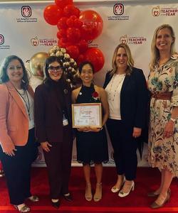 Left to right: Associate Superintendent of Instructional Services Christiane Gervais, Superintendent Angela Elizondo Baxter, Arroyo Vista First Grade Teacher and SPUSD Teacher of the Year Emily Smith, Assistant Superintendent of Human Resources Judy Correnti, and Arroyo Vista Principal Emily Blaney celebrate at the 44th Annual Los Angeles County Office of Education Teacher of the Year Awards luncheon. (Photo Courtesy of South Pasadena Unified School District)