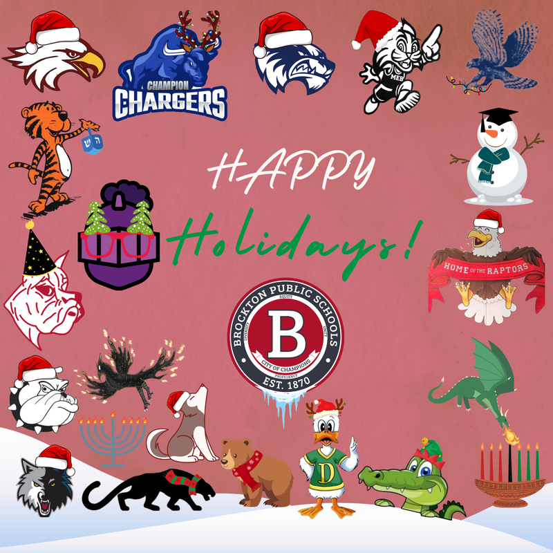Happy holidays graphic with BPS school mascots