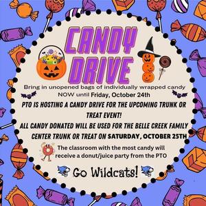 Pumkin and candy on a purple background. Text about the Candy Contest.