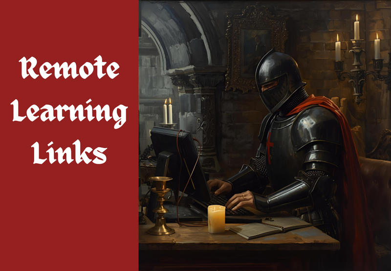 A knight in black armor sits in front of a computer screen in a castle.