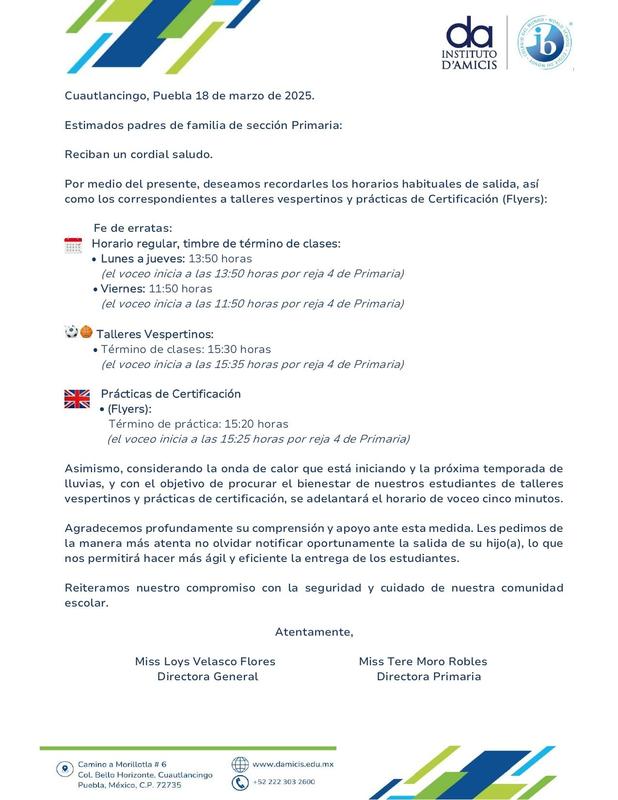 FE DE ERRATAS Horario de Voceo Talleres Vespertinos y Prácticas de Flyers