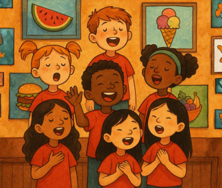 Illustration of seven diverse students singing with photos of foods hanging on the wall behind them