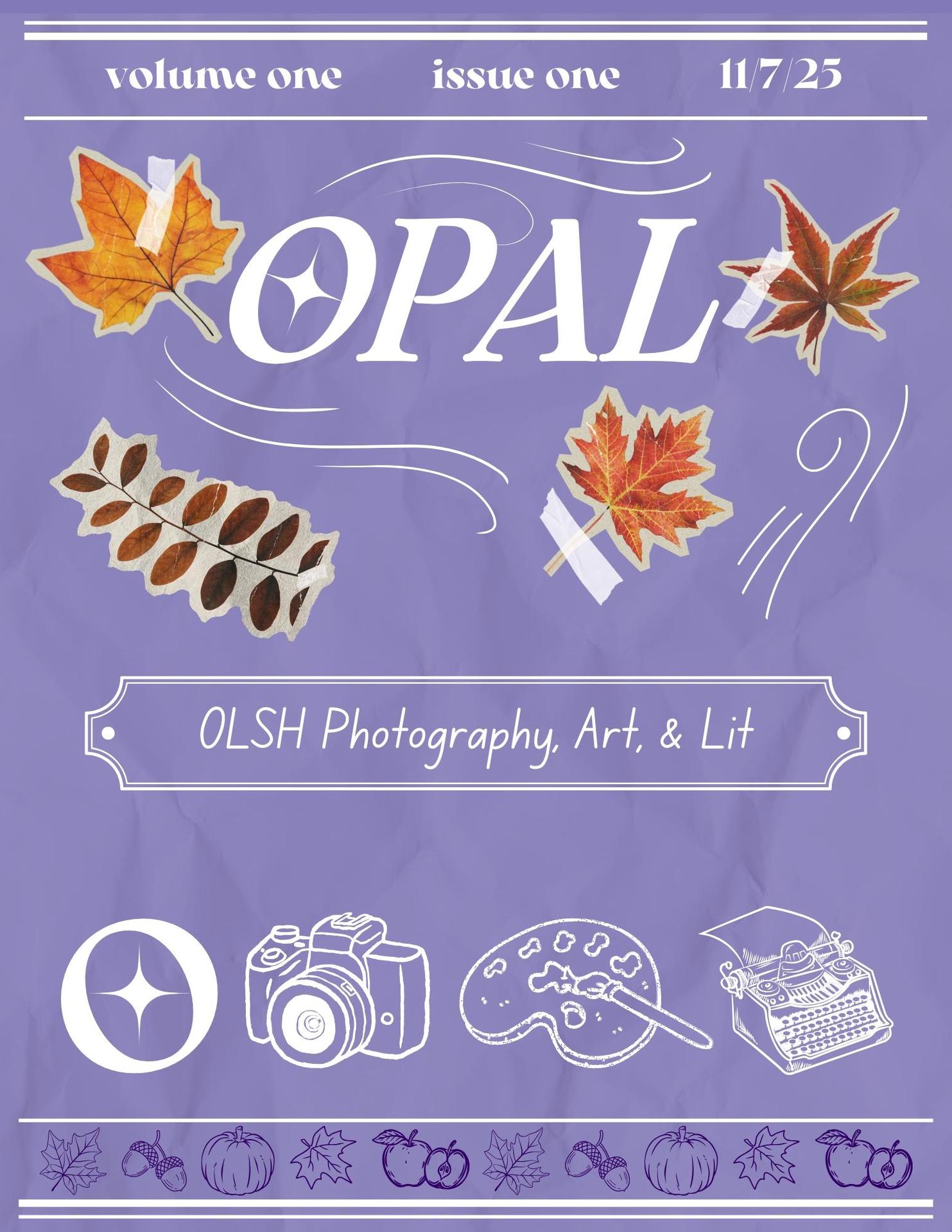 cover of OPAL magazine with purple background and watercolor fall leaves