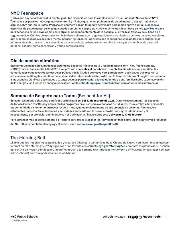 January 2026 NYCPS Family Letter- Spanish