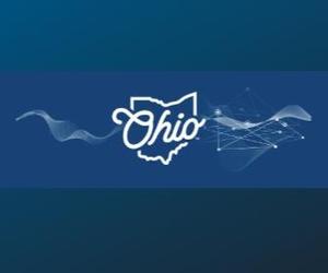 Ohio written over an outline of the state in white on a blue background