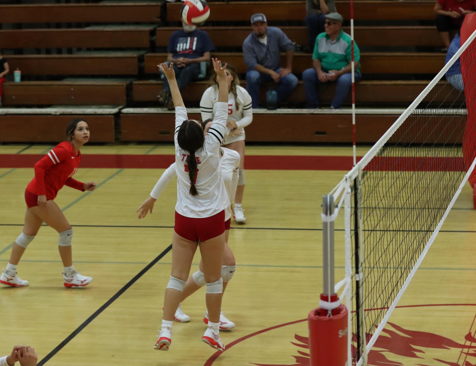 varsity volleyball players in action against liberty