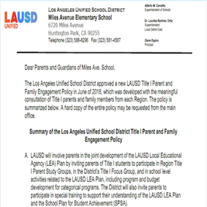 Summary of Parent and Family Engagement Policy (English/Spanish)