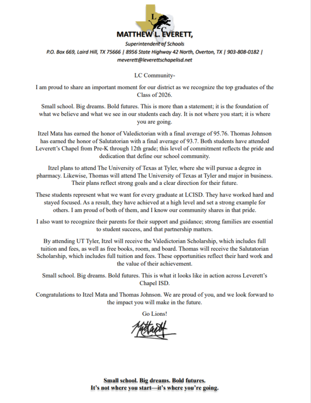 Letter from Superintendent.