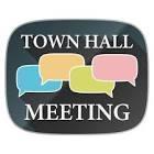 Text reads 'TOWN HALL MEETING' with colorful speech bubbles.