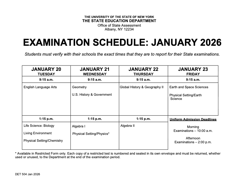 January REGENTS Schedule