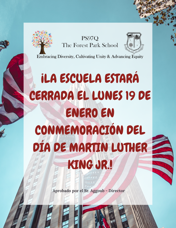 Banner announcing school closure for Martin Luther King Jr. Day in Spanish with American flags.