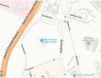 Map showing streets and the Allen E Paulsen Softball Complex.