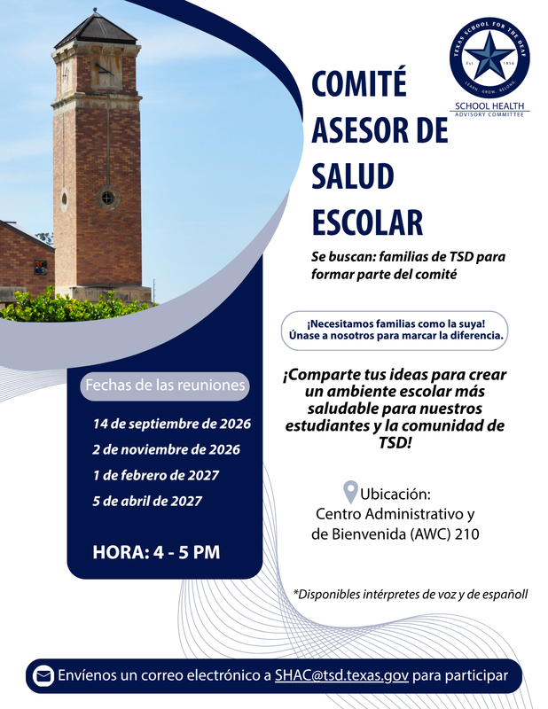 Announcement for Comité Asesor de Salud Escolar con fechas y ubicación.