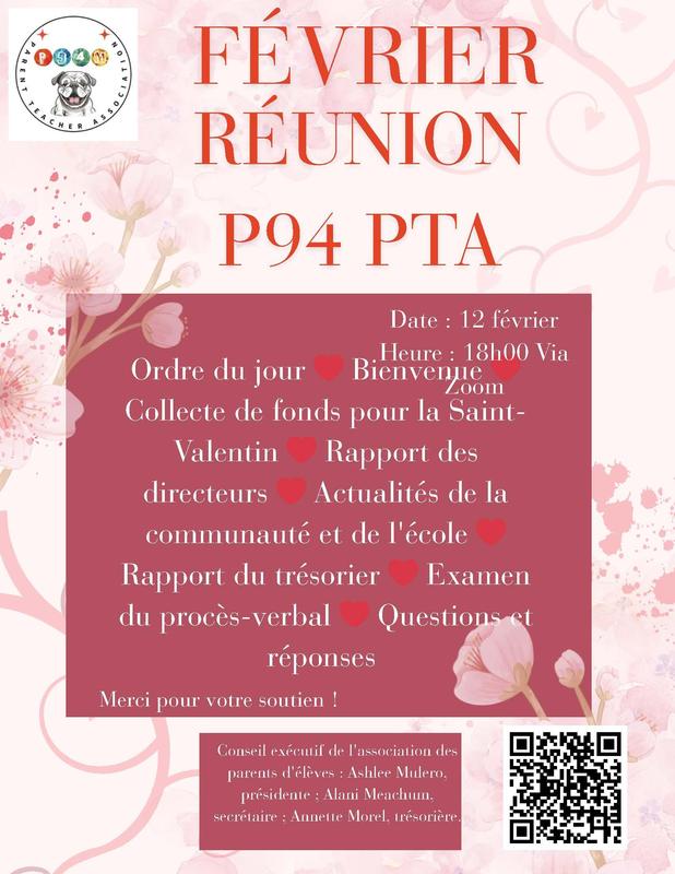 Poster announcing the February P94 PTA Meeting on February 12th at 6pm via Zoom. - French