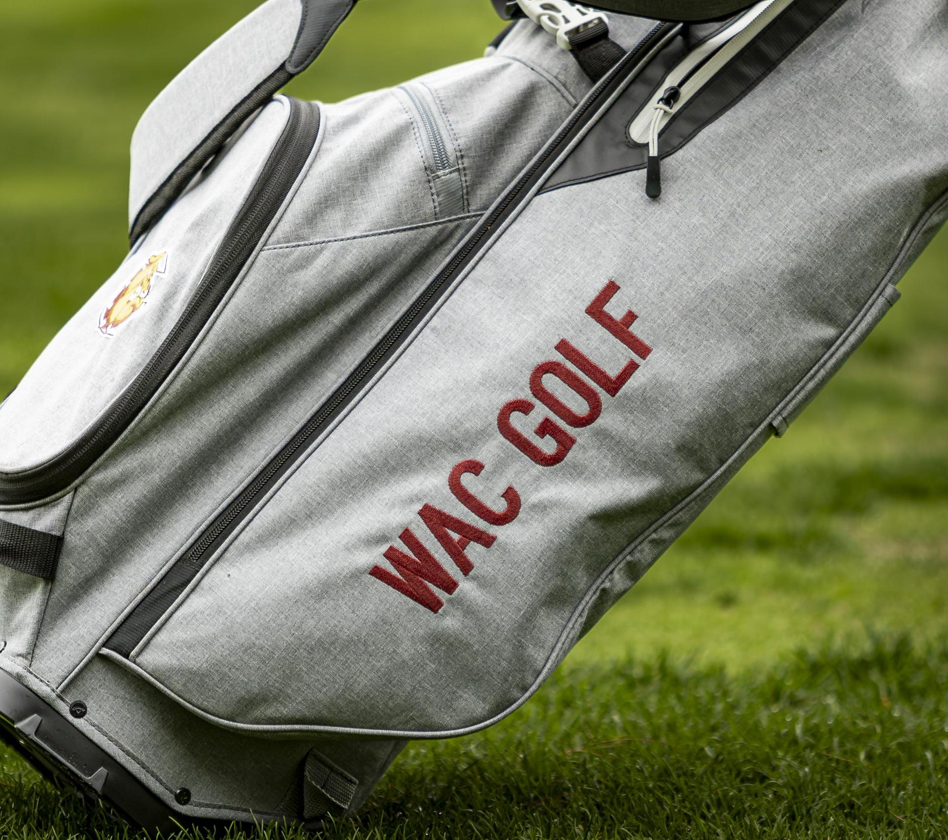 A close-up of a golf bag displaying 'WAC GOLF' on a grassy field.