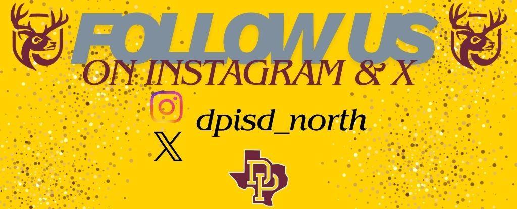 Bright yellow background with text promoting social media follow options and logos.