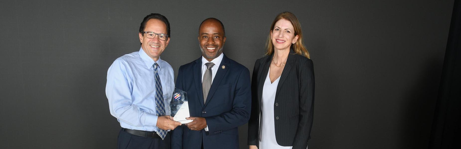 Mr. Mancilla, California Supt. of School, Tony Thurmond, and PVPUSD Supt. Dr. Serrano @ California Distinguished Schools Ceremony