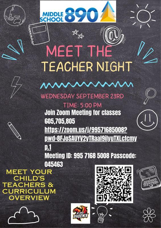 Event flyer for Meet the Teacher Night with Zoom meeting details and QR code.