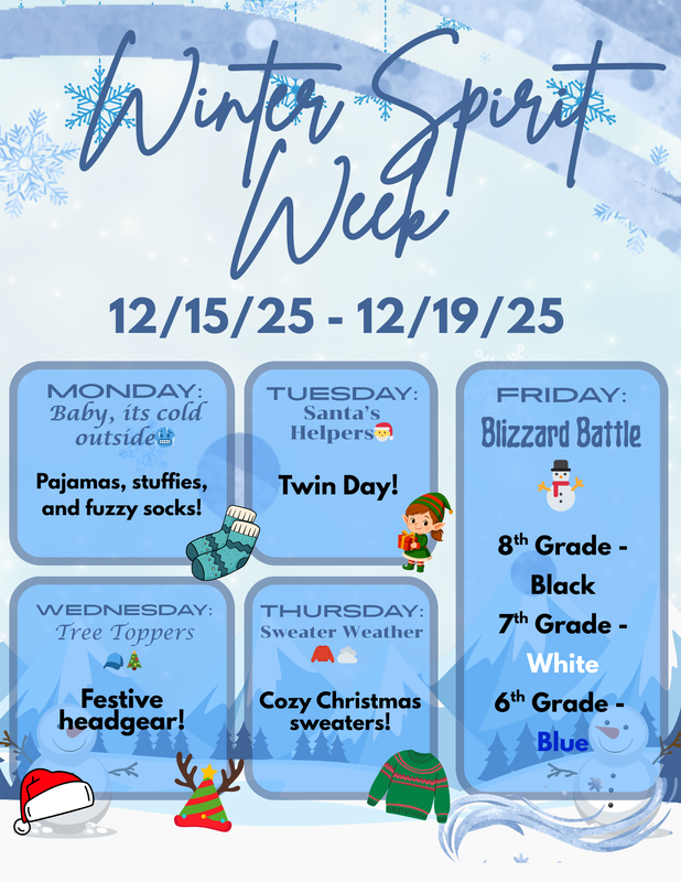 Join us for Winter Spirit Week from 12/15–12/19 and check out the flyer for daily themes as we finish the semester strong!