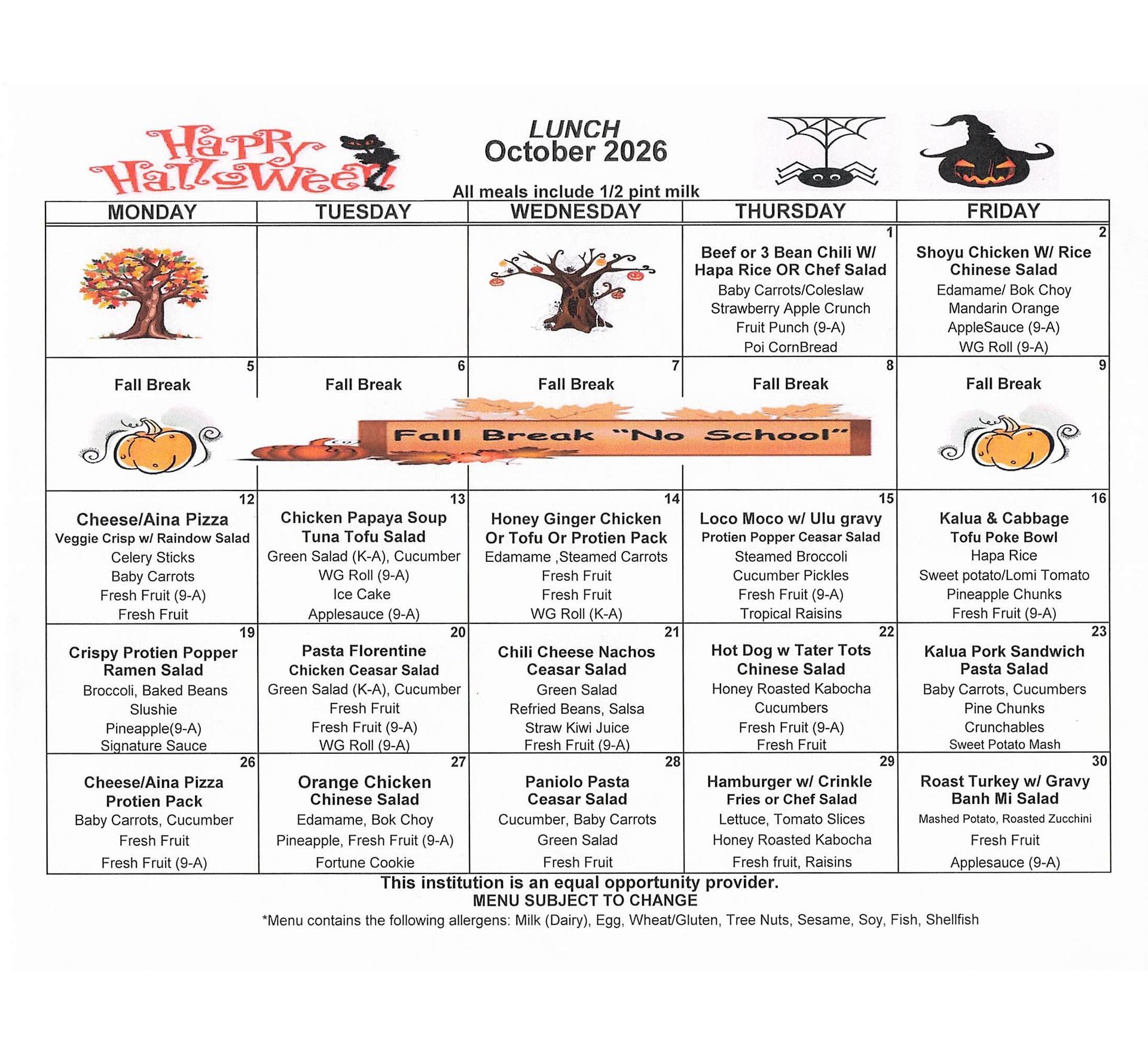 October Lunch Menu