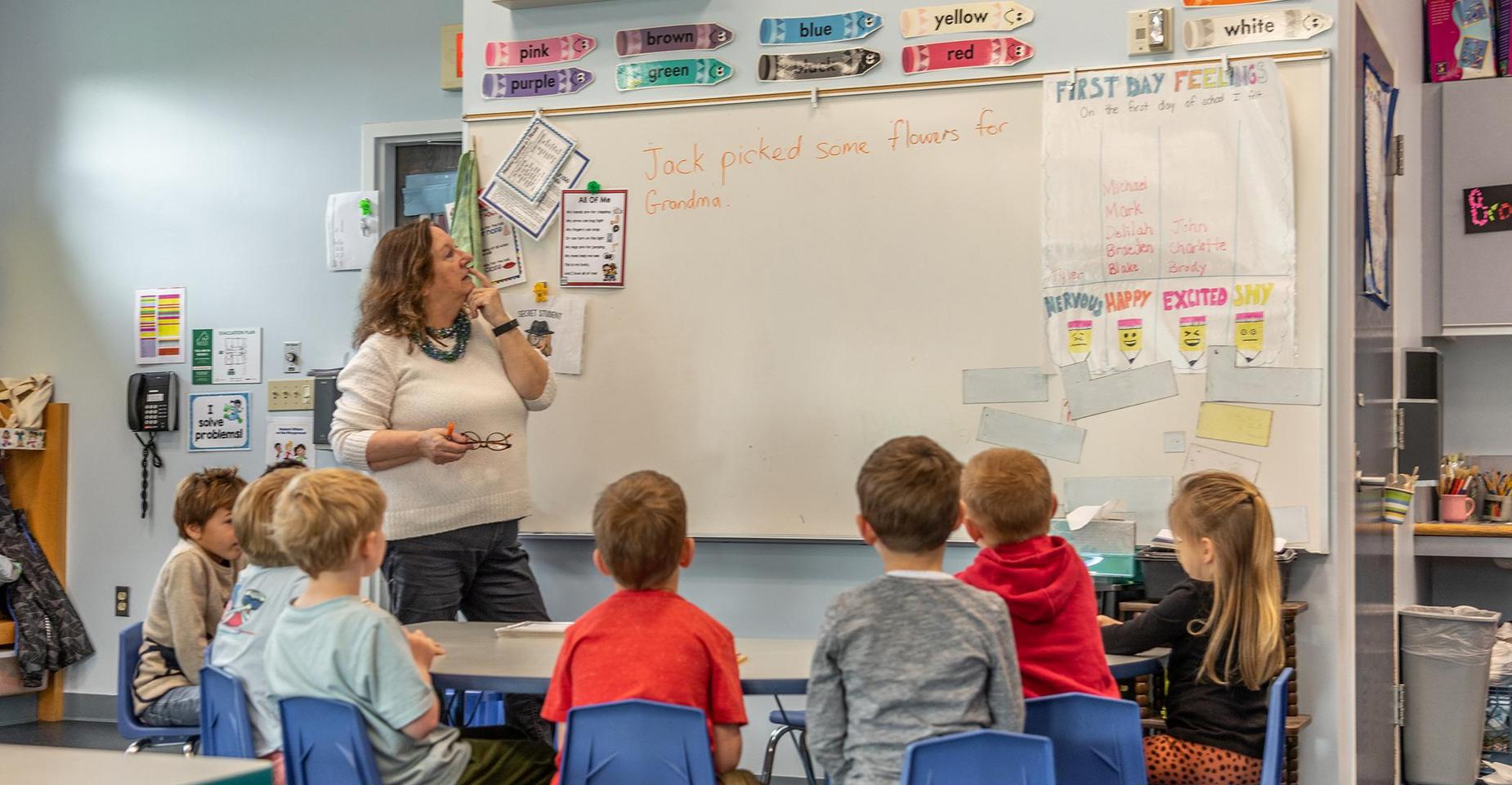 Teacher presenting to a group of children in a classroom.
