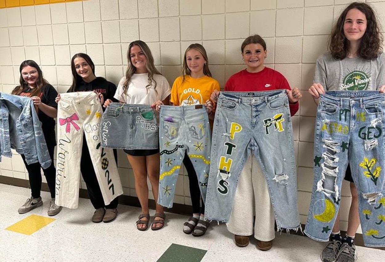 Penn-Trafford High School students in Mrs. Siniawski’s Fashion 1 class created spirit denim wear with fabric paints in honor of spirit week; Carmen Clark, Taryn Piconi, Georgia Vislocky, Lily Jacobs, Isabelle Beers, and Samuel Reese