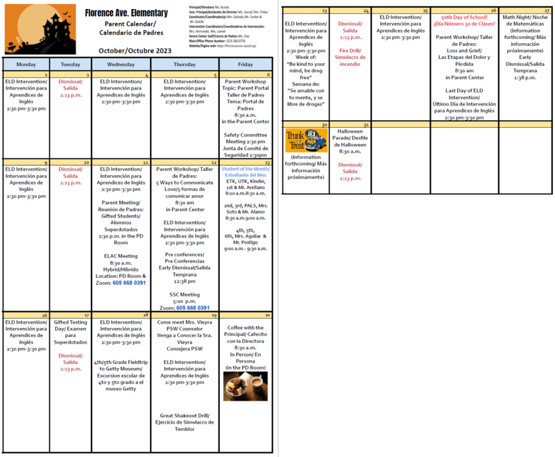 October School Calendar Florence Avenue Elementary