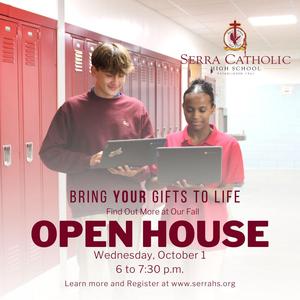 Serra Catholic Fall Open House ad with two students using their Chromebooks