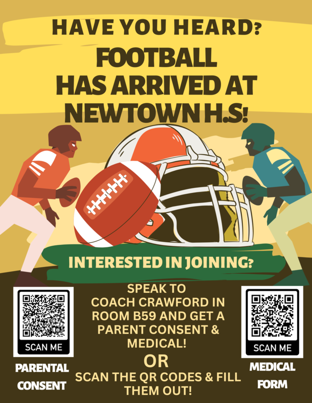 Flyer advertising football at Newtown and how to join. Image of two football players, one red, one blue, beside a football helmet and a football. All text in adjoining post.