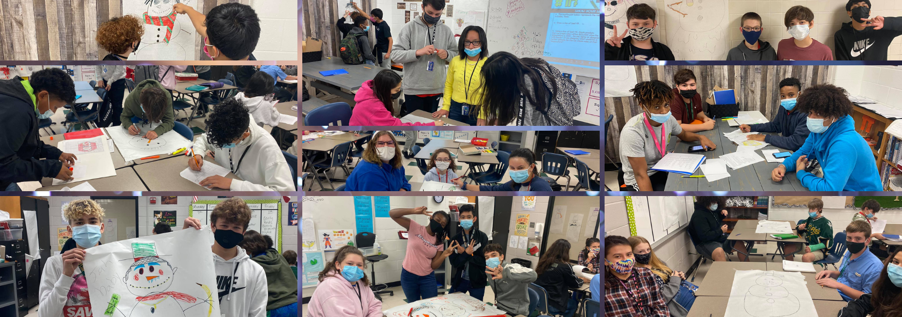 collage of students working on math projects that create snowmen