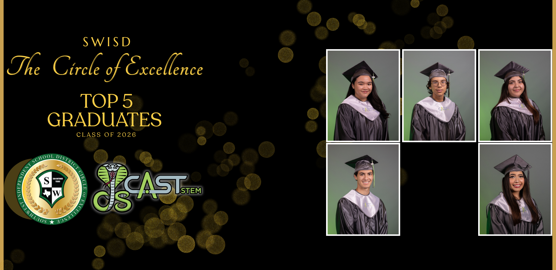 Five graduates in black and silver caps and gowns, recognized as top achievers for the class of 2026.